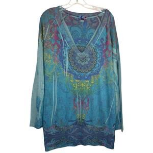DB Sport Boho Wearable Art  Womens Long Sleeve Blue Green Casual Tunic Top Sz XL